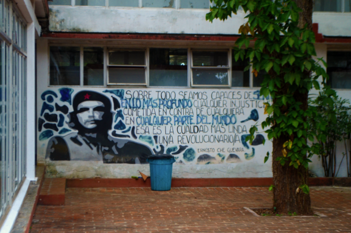 Wall art displaying the image of Che Guevara and a message of inspiration about revolution.